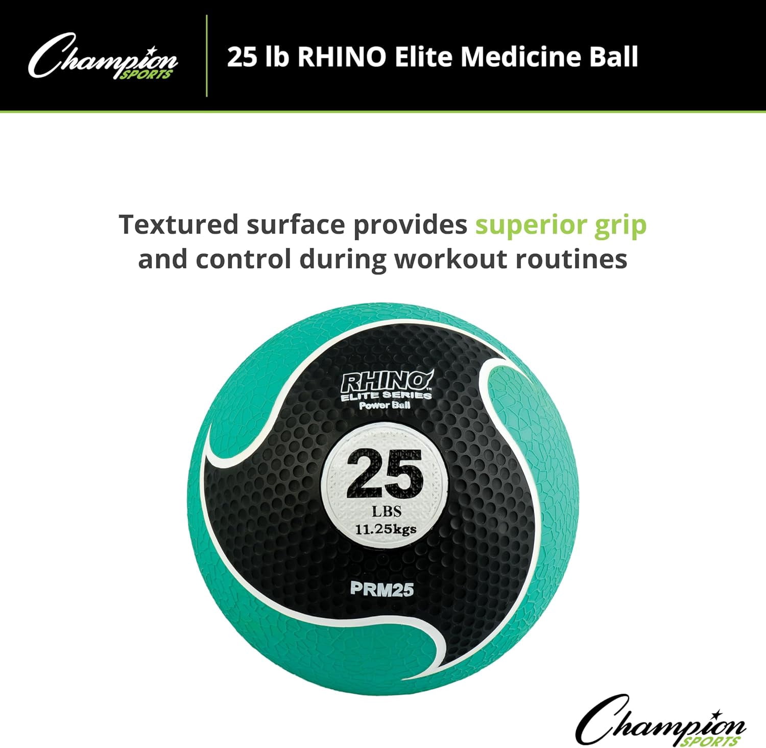 Champion Sports Rhino Elite Medicine Ball-Durable Rubber Weighted Ball & Textured Grip for Core Strength-Cardio & Cross-Training Workouts-Home or Gym Fitness-Green (25lbs)