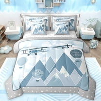 Manfei Cartoon Airplane 7 Pieces Bedding Comforter Set,Aircraft Theme Full Bedding Set,Blue Hot Air Balloon Fitted Sheet Flat Sheet For Girl Boy,Breathable Home Decor
