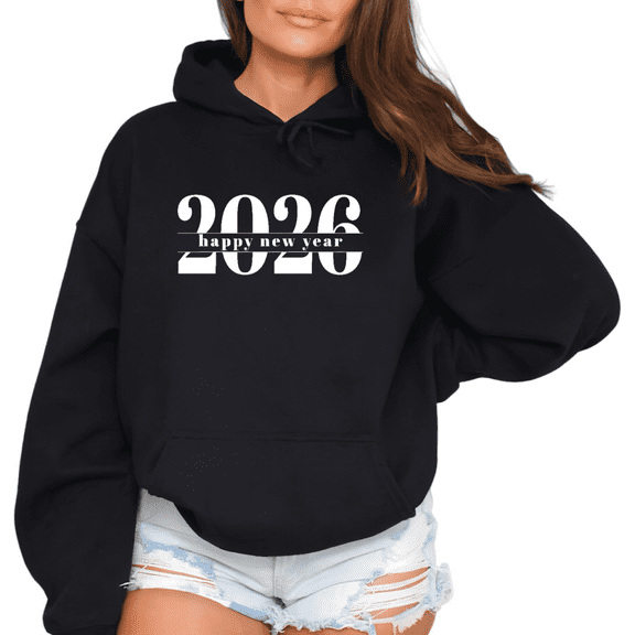 Feature Trendy 2026 Happy New Year Theme Graphic Comfortable Tee T Shirt Tops Hooded long-sleeved Black S-2XL