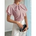 thumbnail image 5 of Women'S Tie Neck Blouse Ruffle Cap Sleeve Elegant Work Office Shirt Tops Pink S, 5 of 7