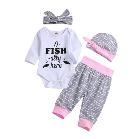 

Newborn Baby Girls 4Pcs Outfits Long Sleeve Jumpsuit Letter Print Top+ Pants+Headband+Hat Winter Autumn Clothes Set