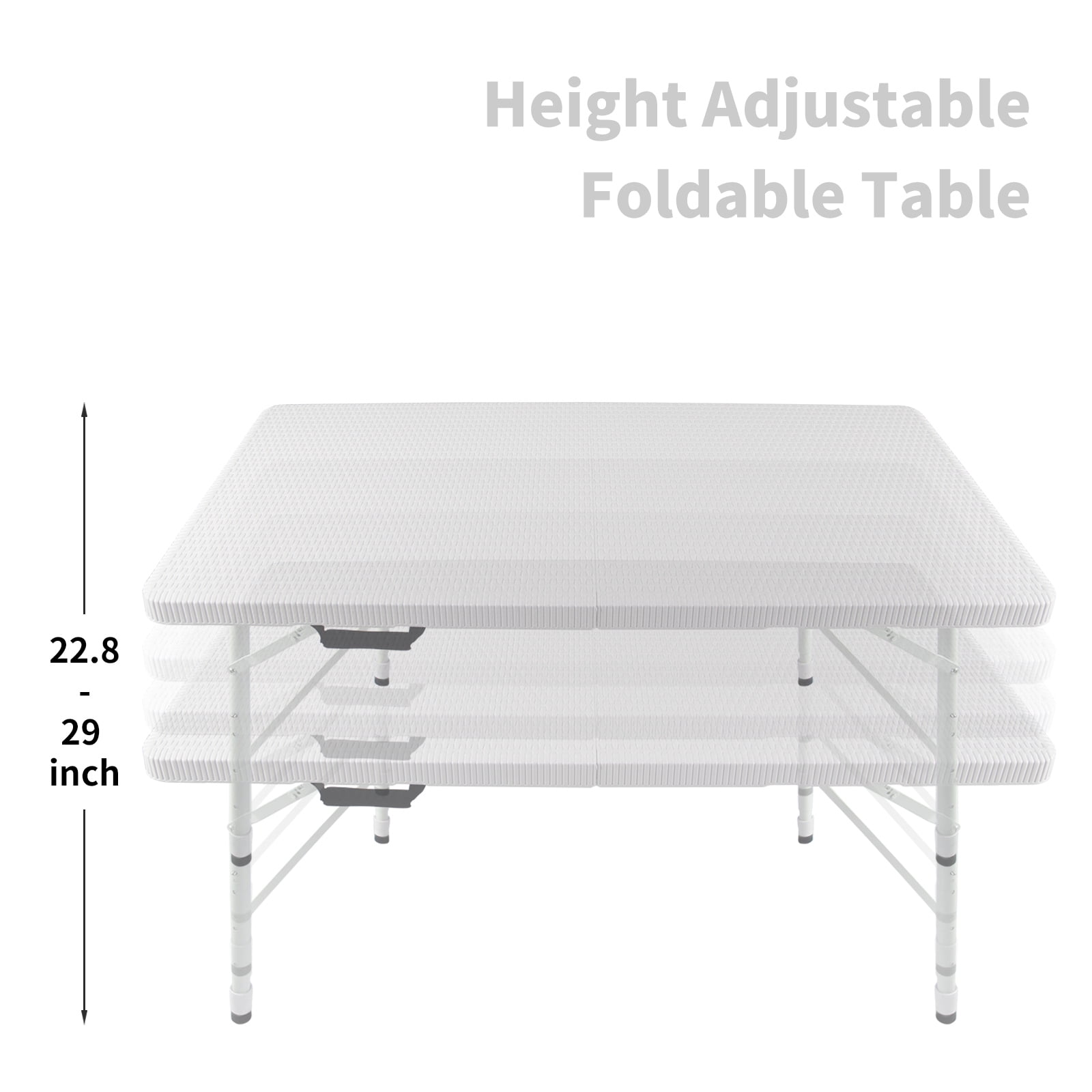 Hommoo 4FT Rattan Folding Table, Plastic Adjustable Portable Foldable Table, Camping Table for Indoor& Outdoor, White