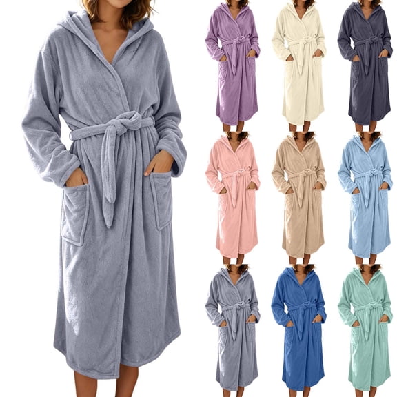 YUANxueke Womens Fleece Robe Long Sleeve Hooded Belted Bathrobe Soft Warm Loungewear Sleeprobe