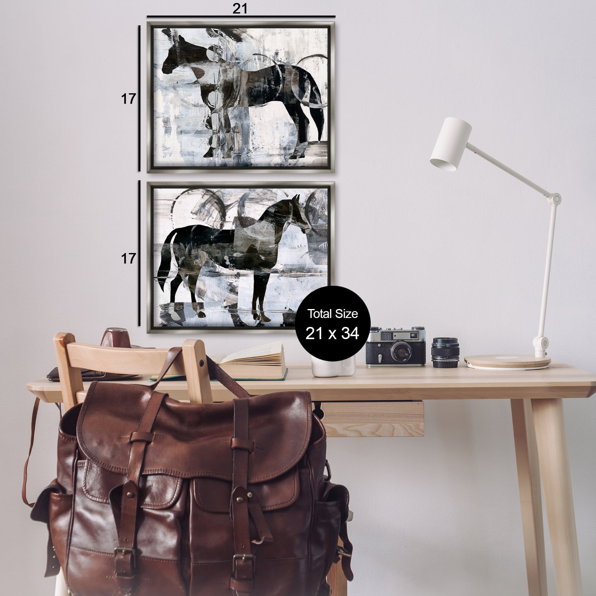 Stupell Industries Abstract Horse Silhouette Circles Animals Painting Gray Floater Framed Canvas Art Print Wall Art, 21 x 17, Set of 2