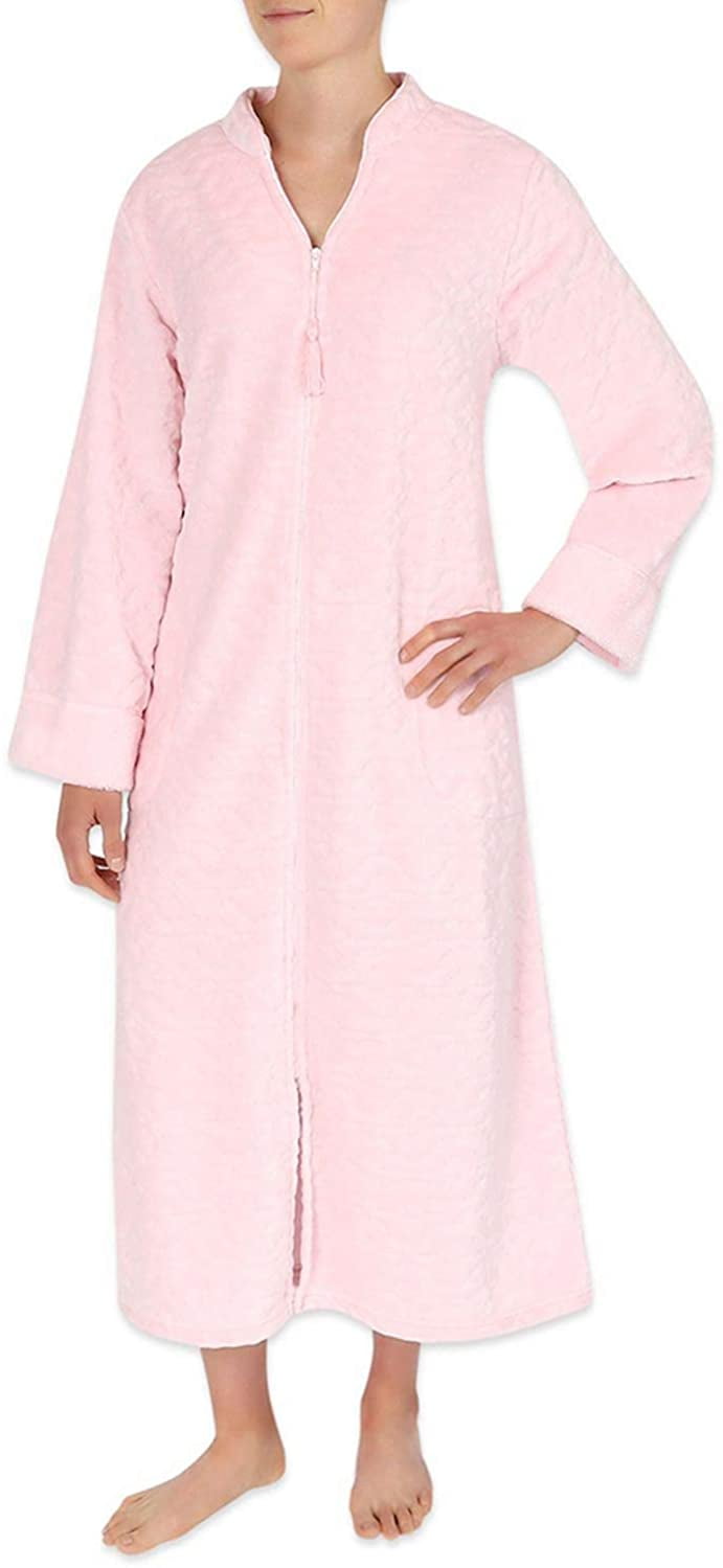 Miss Elaine Women's Jacquard Fleece Long Zipper Robe Pink S