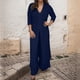 thumbnail image 2 of Conjunto de dos piezas de gasa para mujer talla grande: top de cuello en V y manga larga + pantalones, traje de playa, diseño con abertura, para primavera-verano, 2 of 8
