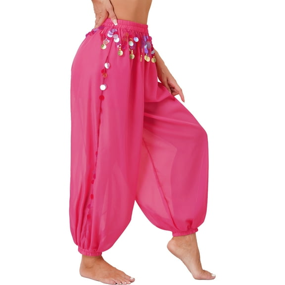 YUUMIN Women's Belly Dance Costume Coin Lantern Pants Side Split Sequin Shiny Harem Pants Arabic Hot Pink One Size