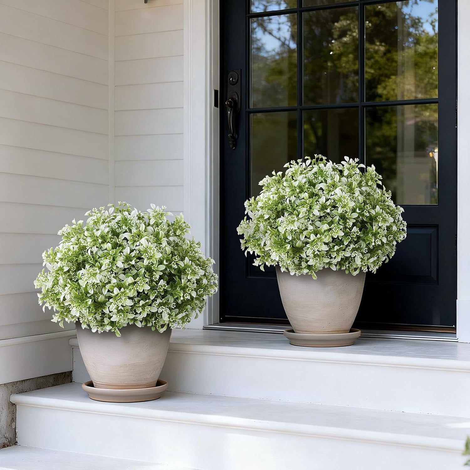 Set of 2 Artificial Boxwood Topiary Ball Trees for Front Door - Realistic Faux Aglaia Odorata Bush with Pot, Fake Eucalyptus Leaves Potted Plants for Porch Farmhouse Outdoor Decor (White-Green)