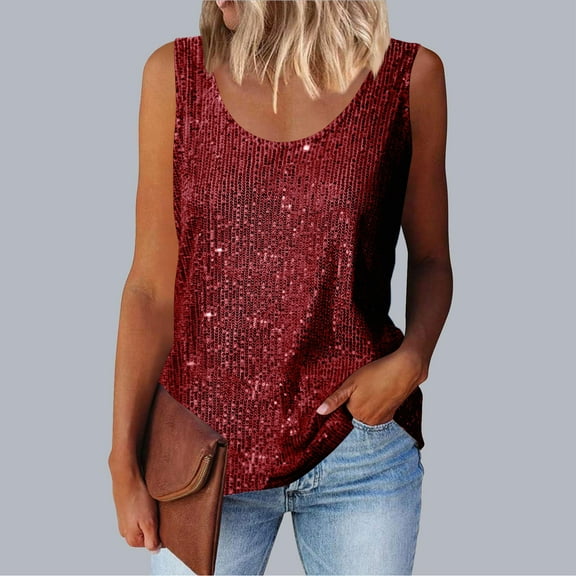 BLCHUNen Womens Tank Tops Casual Sleeveless Crew Neck Lightweight Loose Pullover Sequin Party Fashion Summer Tops