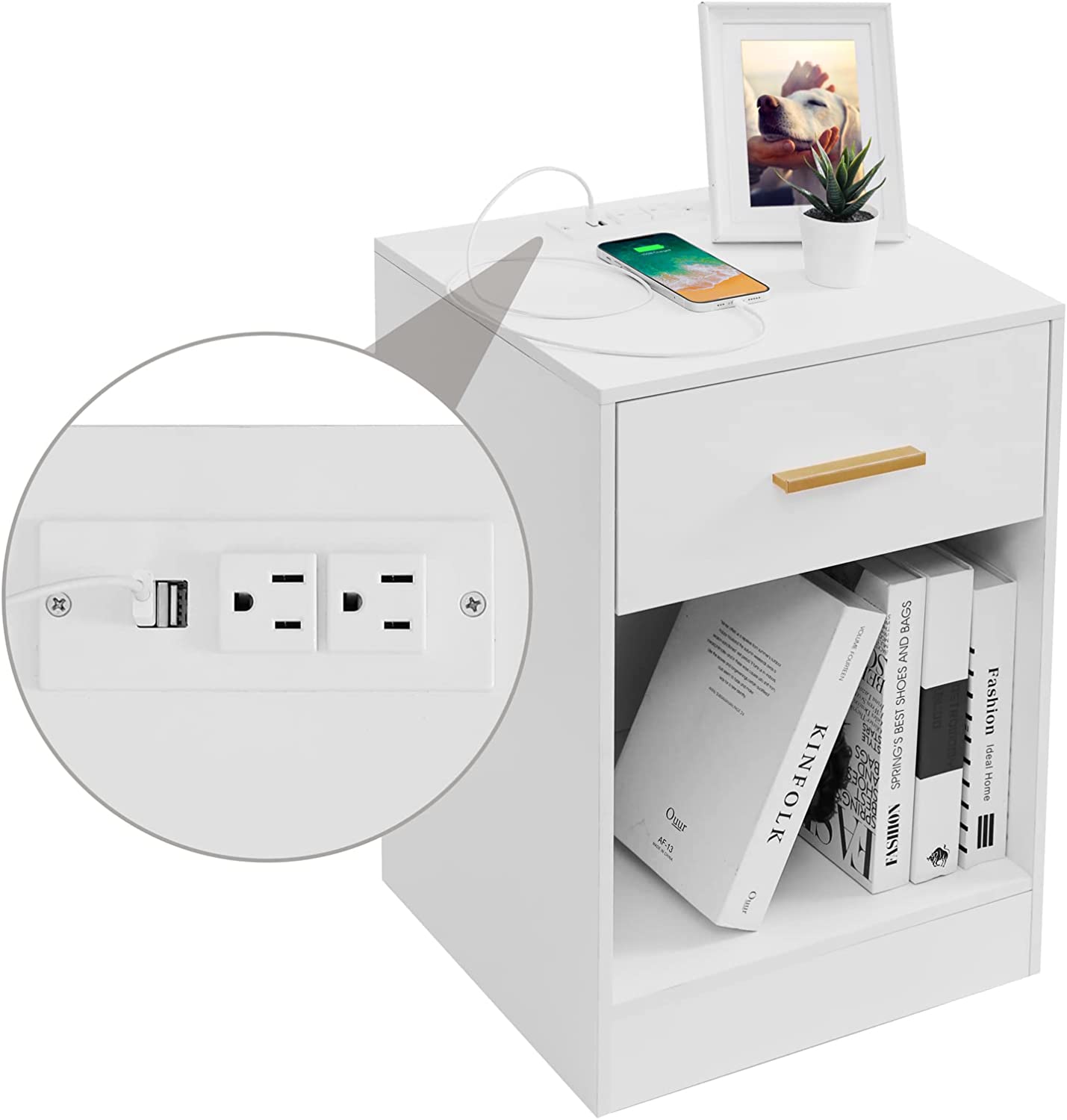 MZDXJ Nightstand with Charging Station, End Side Table with Storage