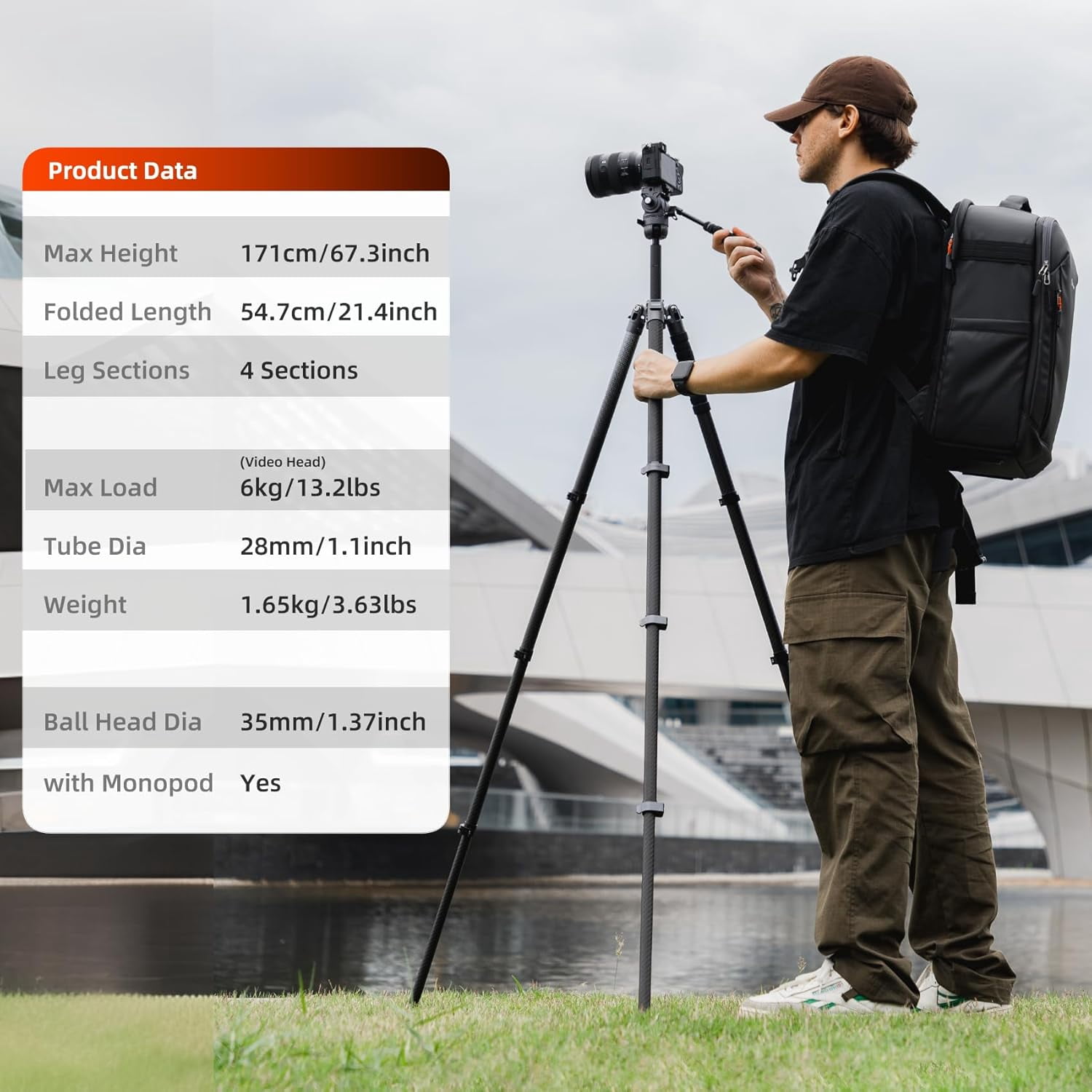 Fotopro X-Airfly Max Video 67.3" Carbon Fiber 2-in-1 Tripod and Monopod, Ball Head & Fluid Head, 4-Sec Lightweight Camera Tripod Stand, Macro Photography, Hidden Phone Clip, Max Load 13 lbs, Grey