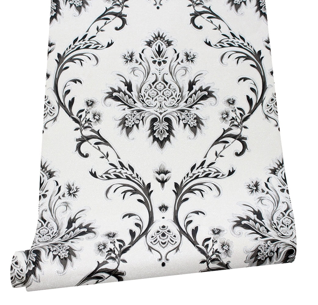 Black/Silver/White/Gray Damask Embossed Textured Thick Wallpaper Roll for Living Room Bedroom Decorative 20.86“ x 32.8'