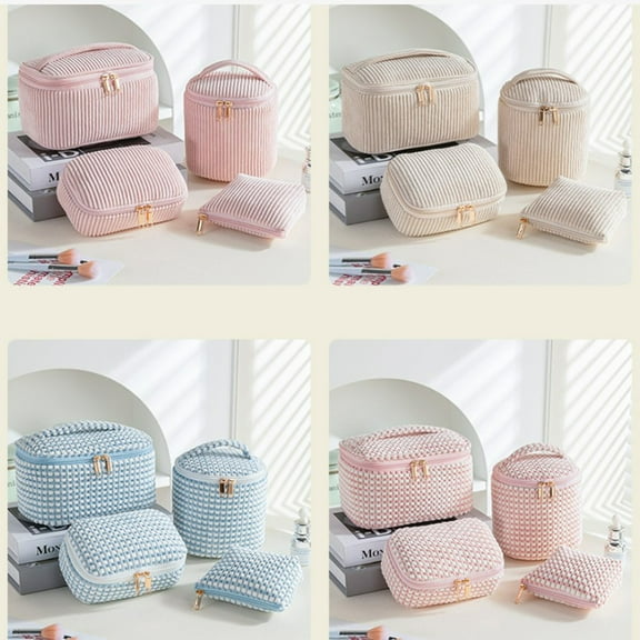 Makeup Bag Set under $5! CQCYD Travel Makeup Bag Set, Velvet Corduroy Toiletry Organizer Pouch, Large Opening Cosmetic Case for Women, Portable Storage Bag for Bathroom Essentials