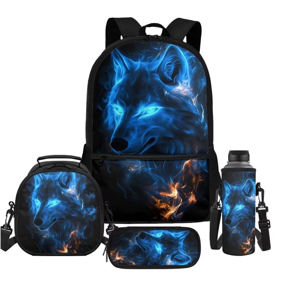 Uorisanigo 4 in 1 Schoolbag Set for Teens, Blue Wolf Backpack with Lunch Bag Pencil Case Water Bottle Holder Pouch, 4 PCS, Boys, Bookbag School Daypacks for Elementary Middle