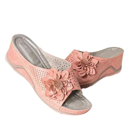 

Suede Leather Soft Footbed Orthopedic Arch-Support Sandals For Women Flower Hollow Design Summer Beach Shoes Pink 42
