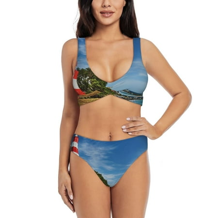 Zeuib Lighthous High Waisted Tummy Control Bikini Set - Knot Front Push Up Top & Cheeky Thong Bottom  Two-Piece Swimsuit for Women-XX-Large