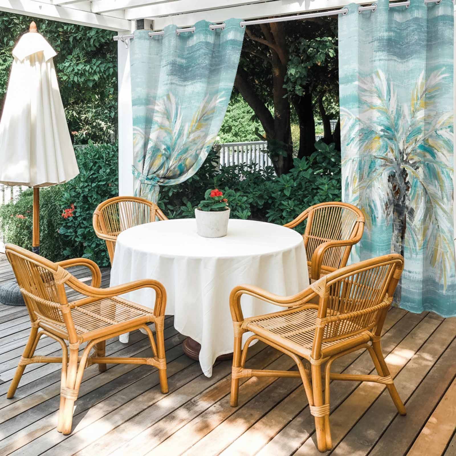 Summer Beach Palm Outdoor Curtains for Patio, Country Abstract Coastal Seaside Teal Yellow Brown Palm Sunshade Privacy Drapes Grommet Waterproof Outside Curtains for Porch Balcony 54"x108", 1 Panel