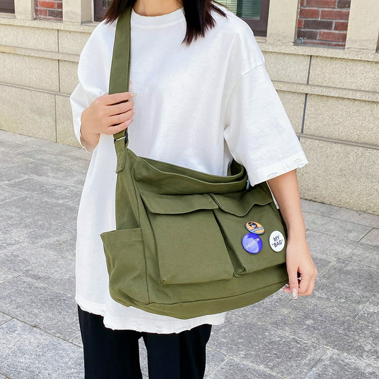 Yucurem Canvas Crossbody Bag, Japanese Harajuku School Bag Vintage Shoulder  Handbag Military Satchel with Badge for Women Men (Green)