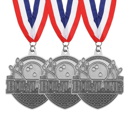 Bowling Games Silver Award Medals with Ribbons Winner Medals Prizes for Competitions Sports Silver 3 Pcs