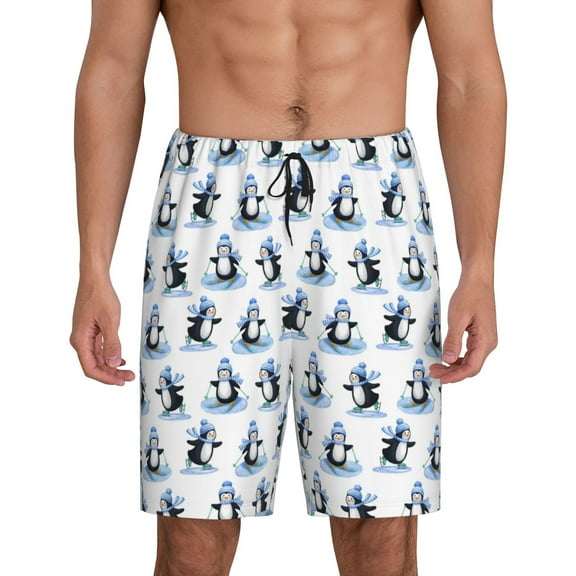Logiee Skiing Penguin Funny Print Men's Pajama Shorts with Drawstring & Pockets,Sleep Shorts for Men,Sleepwear Bottoms,Elastic Waistband Loungewear-Small