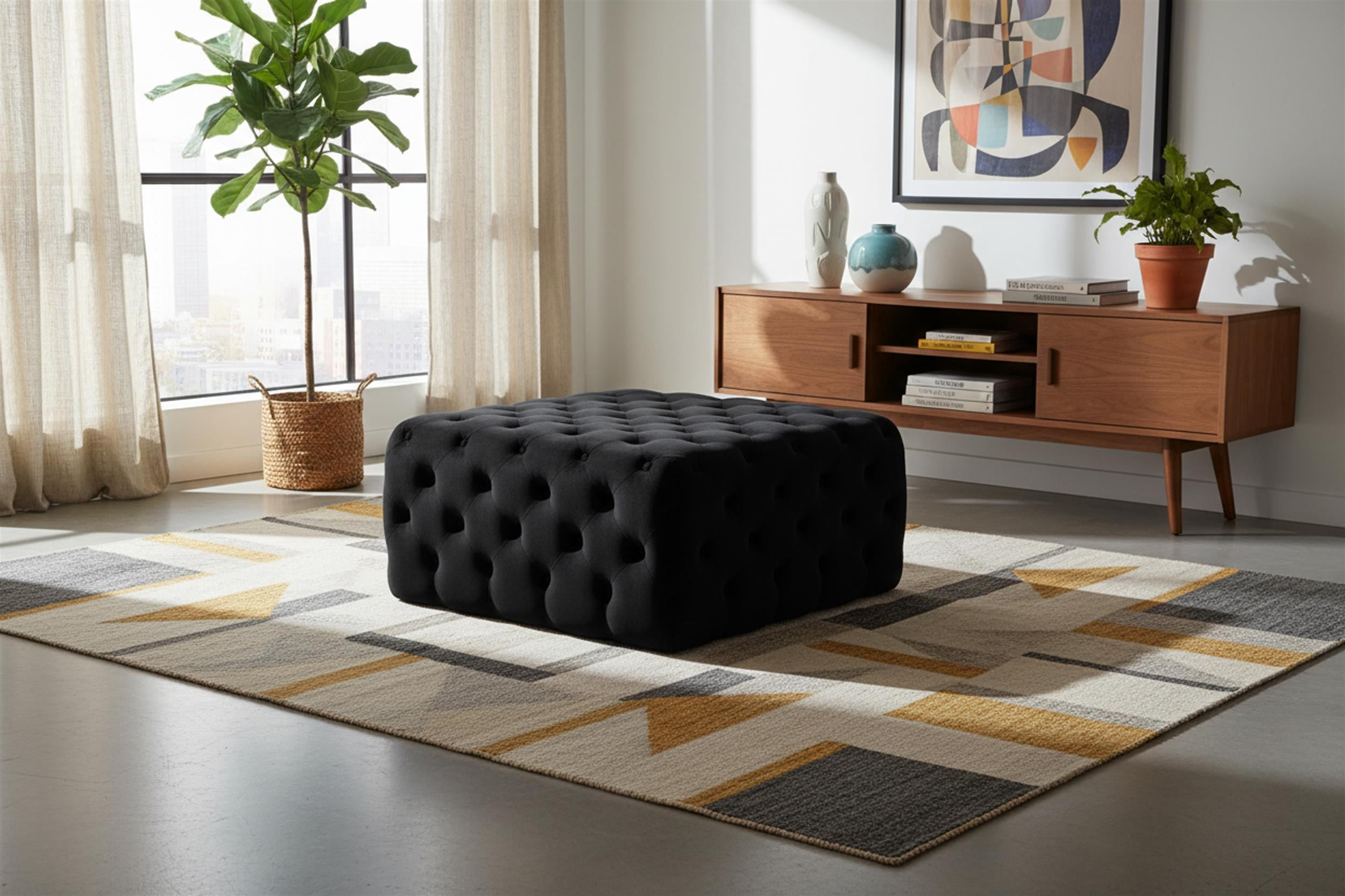 Meridian Furniture Ariel Button Tufted Black Velvet Ottoman and Bench