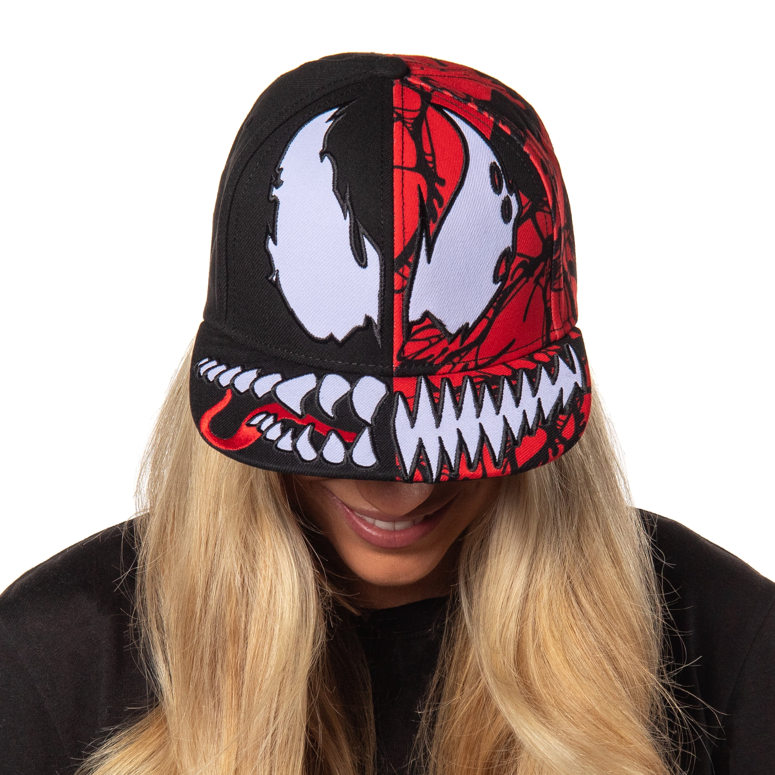 Marvel Comics Adult Venom Carnage Split Face Embroidered Flat Bill Snapback Hat For Men And Women