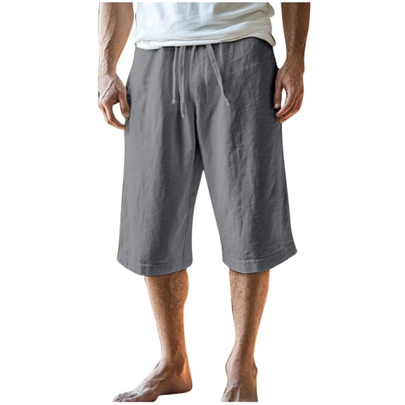 Admvng Men's Linen Capri Pants Elastic Drawstring Waist Pants with Pocket