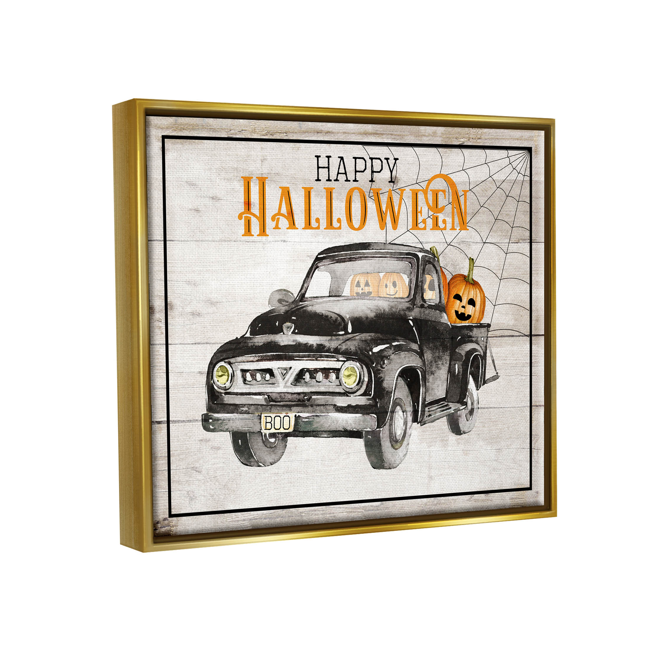Stupell Industries Happy Halloween Pumpkin Truck Graphic Art Metallic Gold Floating Framed Canvas Print Wall Art, Design by Daniela Santiago