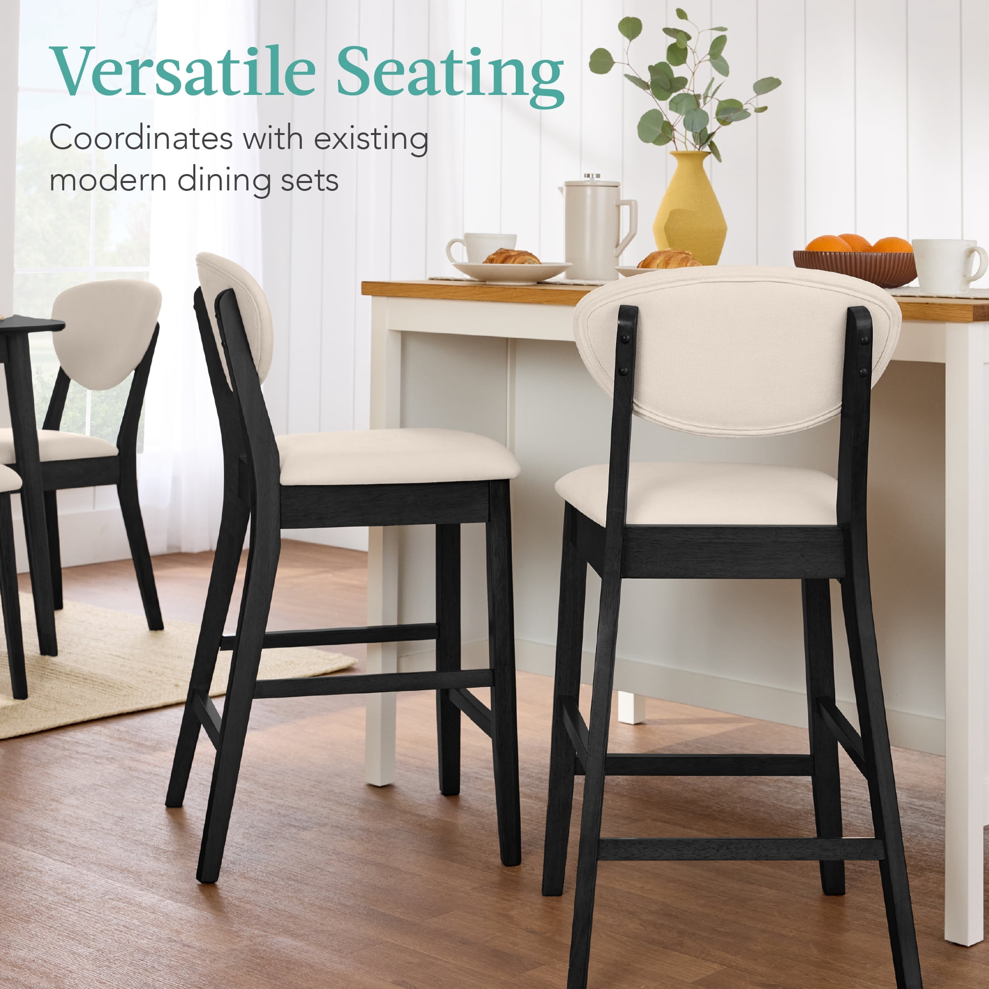Best Choice Products Set of 2 Counter-Height Bar Stools, Armless W/Upholstered Seat Cushion & Backrest - Black / Cream
