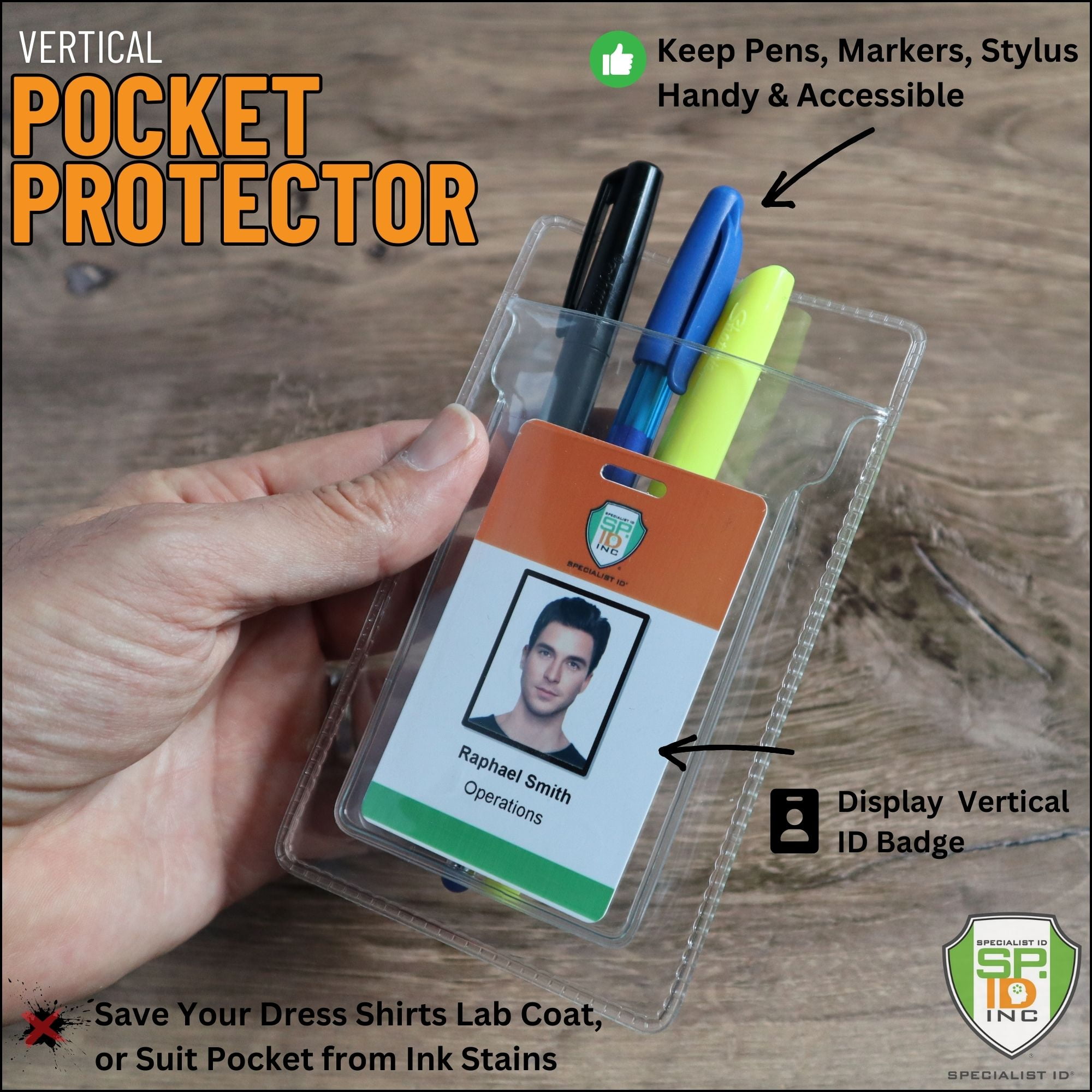 Bulk 50 Pack - Heavy Duty Pocket Protector with Vertical ID Badge Holder - Clear Plastic Shirt/Lab Coat Pocket Pouch Organizer for Pens, Pencils, Small Tools, Name Tags and More by Specialist ID