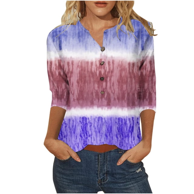 Hauts d'Été pour Femmes Col Rond Imprimé Boutons Manches 3/4 T-Shirts Décontractés Coupe Ample Blouses de Sortie
