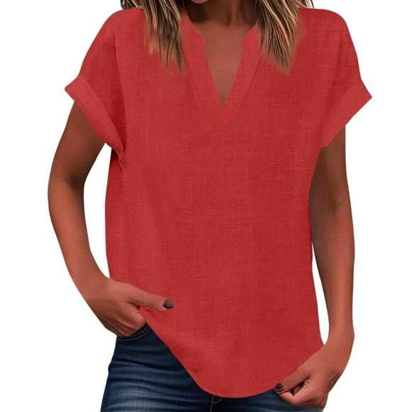Vestidos Casuales Para Mujer, Blusas De Mujer De Moda Suéter de mujer de color liso de imitación de lino y lino con hombros descubiertos y cuello en V de manga corta a la moda