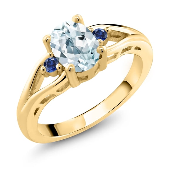 Gem Stone King 18K Yellow Gold Plated Silver Sky Blue Aquamarine and Blue Created Sapphire 3 Stone Engagement Ring for Women | 1.29 Cttw | Oval 8X6MM | Round 2MM | Gemstone March Birthstone | Size 9