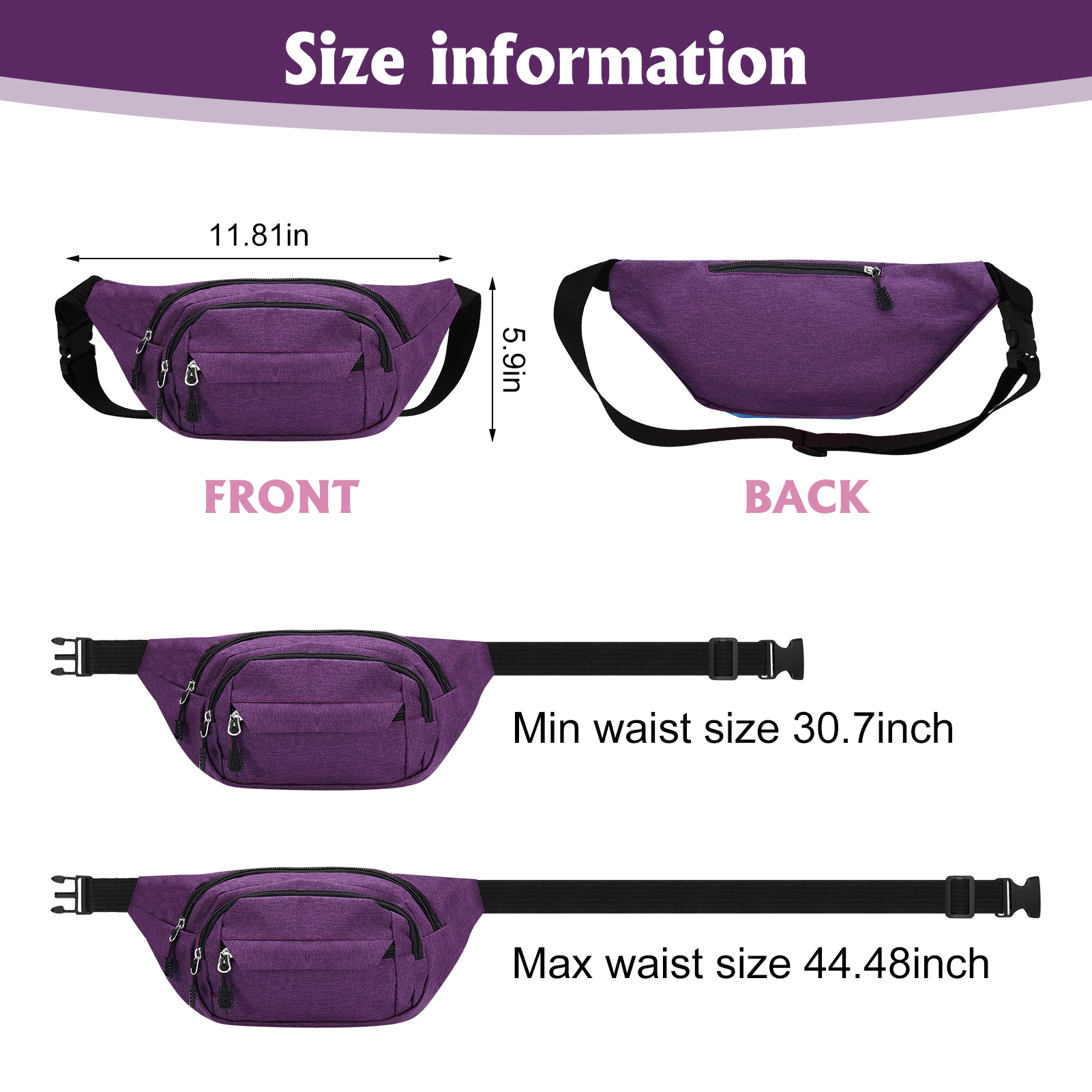 AOWOO 2-Pack Women's Water-Resistant Waist Pack with 3 Zippers photo 2