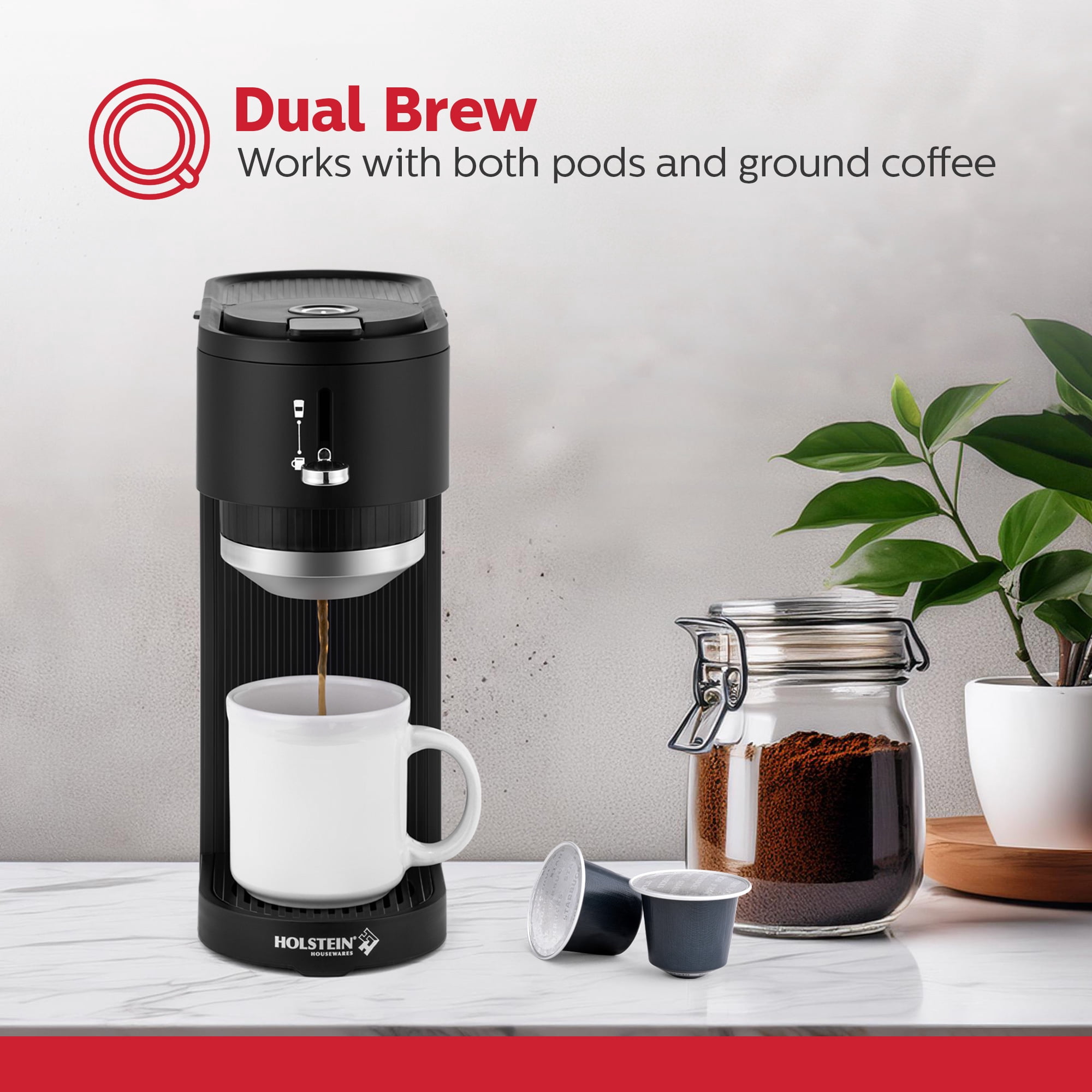 Holstein Housewares 2-In-1 Single Serve Pod and Ground Coffee Maker, Compact Dual Brew Machine with Reusable Mesh Filter, Fits Small Cups and Large Mugs, Space-Saving Design, 14 oz Water Tank