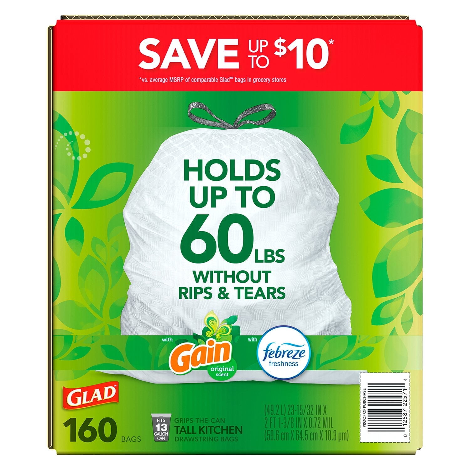 Glad ForceFlex Tall Kitchen Drawstring Trash Bags, Gain Original Scent, 13 Gal., 160 ct.