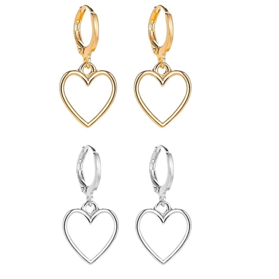 Love Heart Shaped Drop Earrings, Sterling Silver 14K Gold Plated Huggie Hoops, Hypoallergenic Lightweight Gift Jewelry for Women(2Pairs)