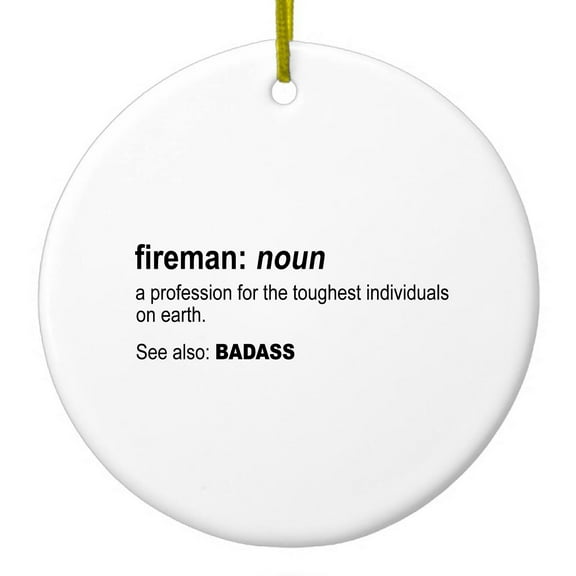 DistinctInk Hanging Ceramic Christmass Tree Ornament with Gold String - Great Gift / Present - 2 3/4 inch diameter - Fireman Definition Profession for Toughest