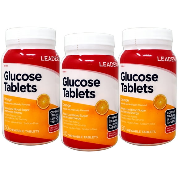 3 Pack - LEADER Glucose Tablets, Energy and Blood Sugar Support, Orange Flavor, 50 Chewable Tablets