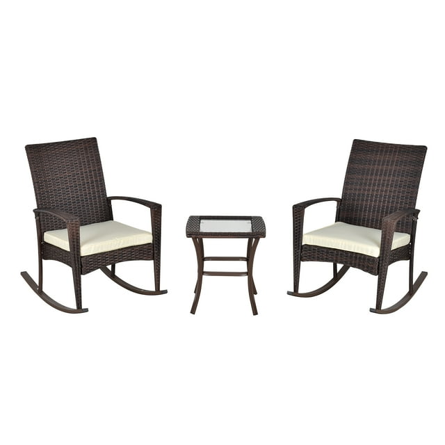 Outsunny 3 Pieces Patio Wicker Rocking Chair Set, Outdoor PE Rattan Bistro Set Conversation Rocker Set with 2 Chairs 1 Coffee Table for Backyard, Deck, Poolside, Cream White