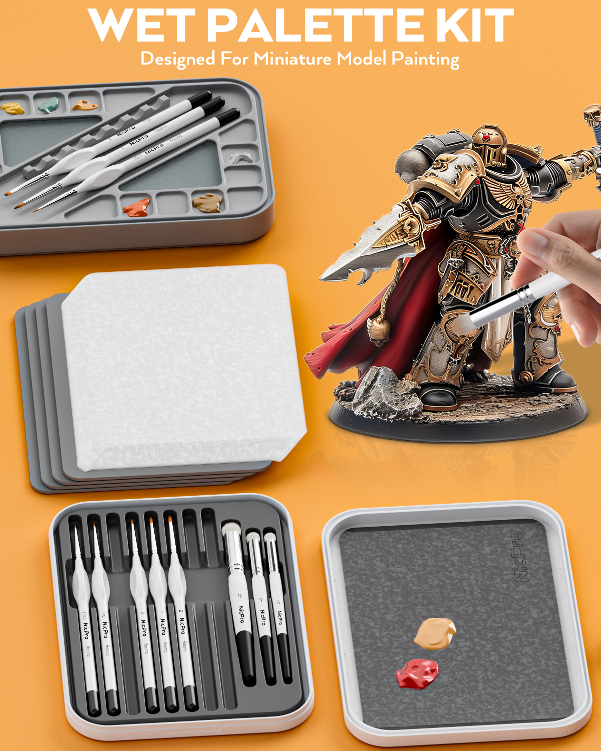 Nicpro Miniature Painting Kit with Wet Palette & 11PCS Detail Paint Brushes Drybrush, 100PCS Wet Pallet Paper, 4PCS Sponge, Brush Holder Mixing Paint Saver Palette for Model Painting