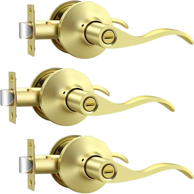 Poignées de Porte d'Intimité en Or Brossé pour Intérieur, Poignée de Porte Intérieure en Laiton Brossé Robuste avec Serrure, Style Ondulé, Sans Clé, Réversible pour Portes de Chambre et de Salle de Bain