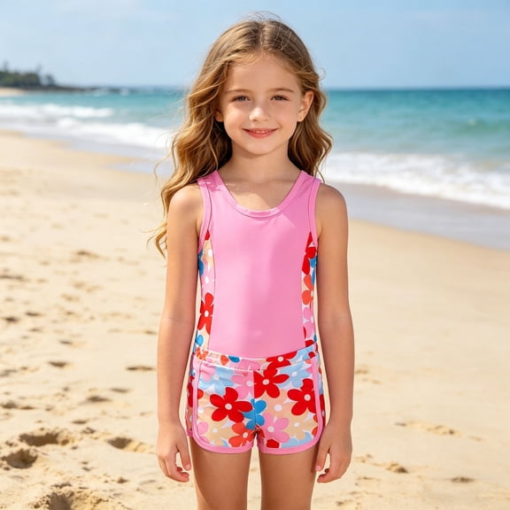 sususu Girls Swimsuit Two Piece Swimsuits with Boyshort Ruched Bathing Suit Floral Set Girls' Swimwear Pink 2Y
