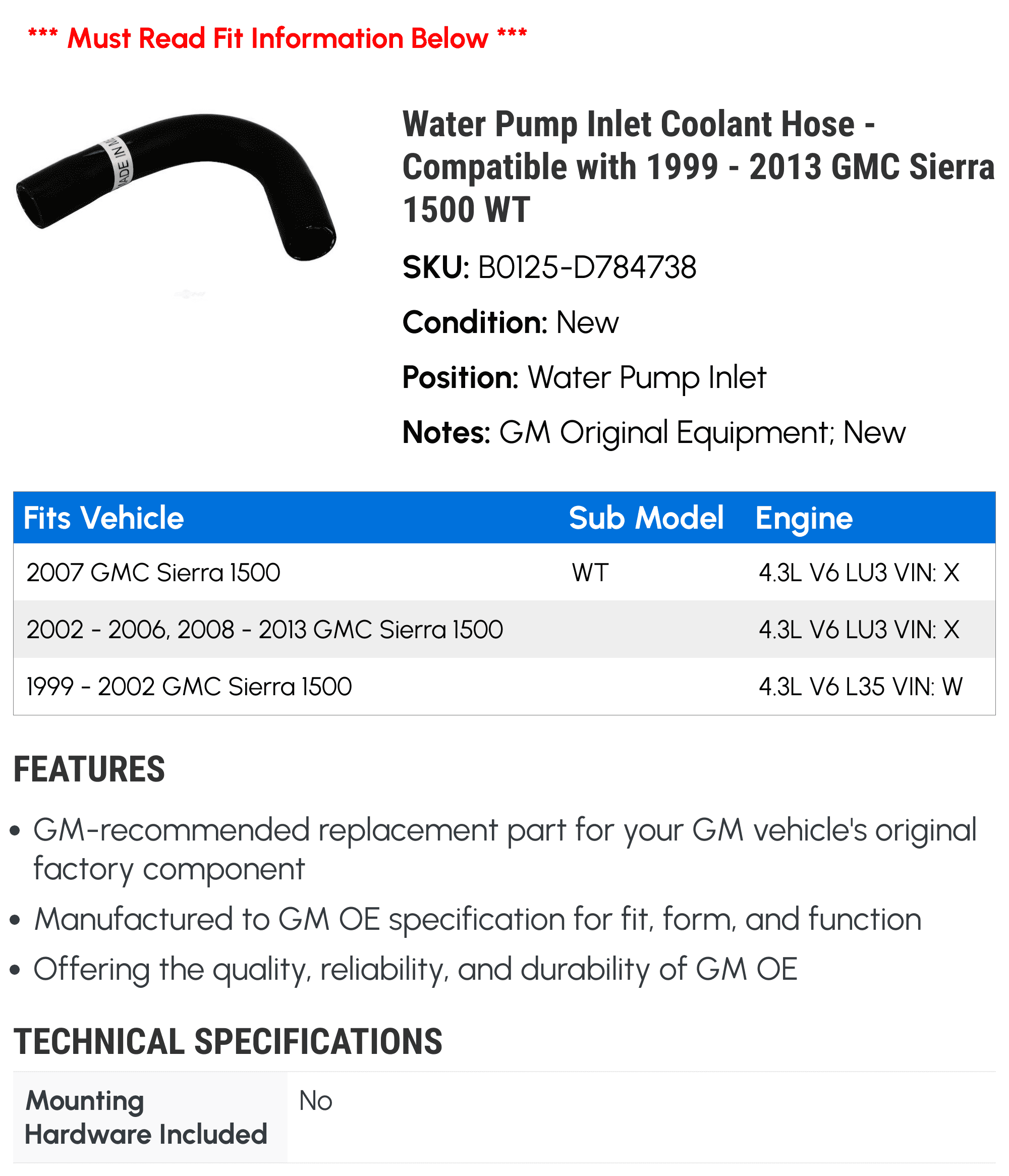 Water Pump Inlet Coolant Hose - Compatible with 1999 - 2013 GMC Sierra 1500 WT 2000 2001 2002 2003 2004 2005 2006 2007 2008 2009 2010 2011 2012