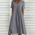 thumbnail image 2 of Taqqpue Women Linen Dress V Neck Short Sleeve Sundress Loose Fit Casual Beach Vacation A Line Dress Solid Color Plus Size Dresses with Pockets for Women, 2 of 7