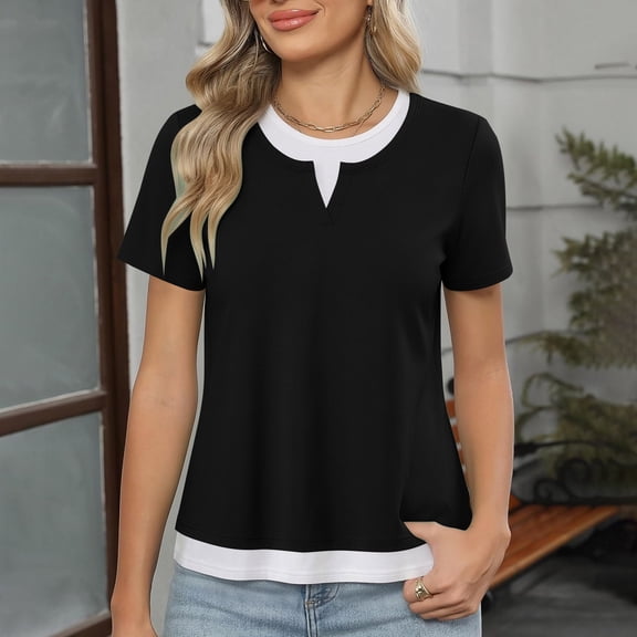 Babysbule Women's Solid Color Notched V-Neck Short Sleeve T-Shirt Fake Two-Piece Layered Casual Loose Fit Top for Spring Summer Daily Wear