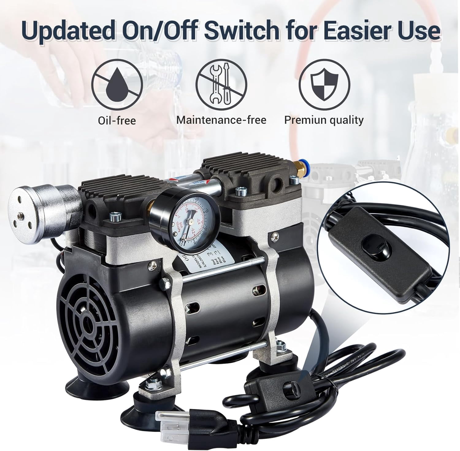 FOUR E's Scientific Vacuum Pump 50L/Min with Switch, Oilless Lab Pump with Vacuum Meter, Aluminum Silencer and 4 Connectors, for Laboratory, Electronics, Industry