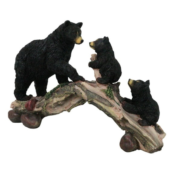 Rustic Forest Black Bear Mother and 2 Cubs Climbing On Tree Log Bridge Figurine