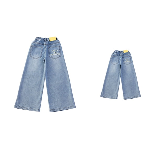 Girls Wide Leg Jeans – Casual Loose Fit Straight Leg Denim Pants with Bow Back Pocket & Elastic Waist, Yellow Letter Print, Comfortable Cotton Trousers for Kids Ages 5-14Y