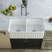 DeerValley Nova DV-1K503 Fireclay White Double Basin Farmhouse Kitchen Sink with Grid & Basket Strainer (33"L x 18"W x 10"H)